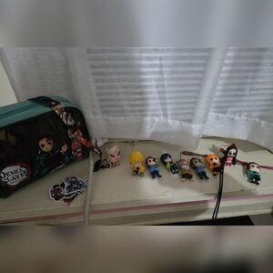 Demon Slayer Zipper Pencil Accessory Bag with Character Figurines - Teal & Black